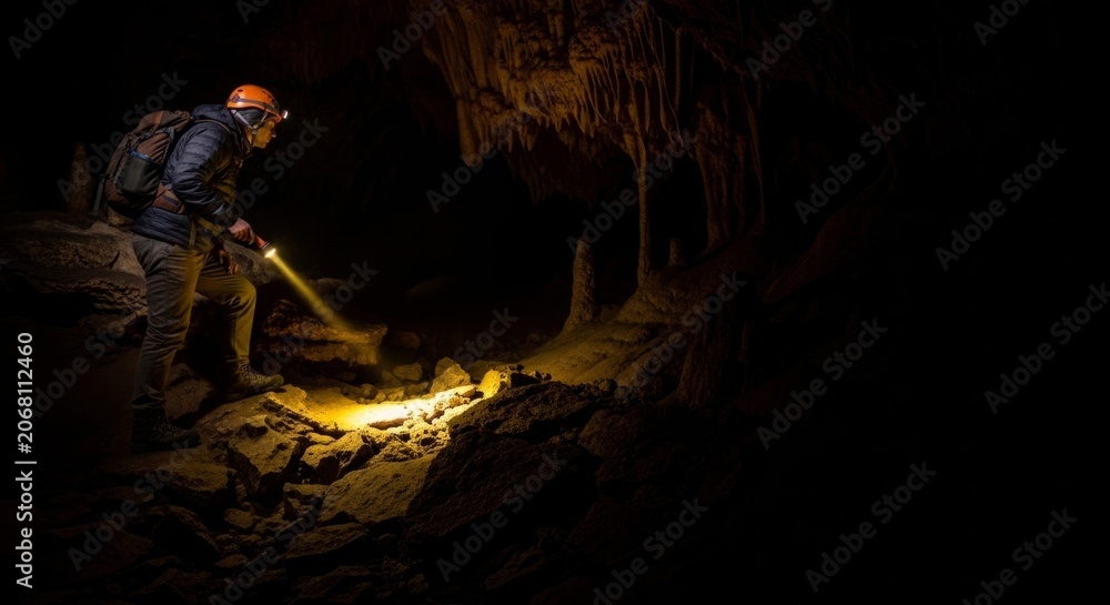 Fototapeta premium Adventurous explorer with flashlight shines light on rocky cave formations, embarking on a journey of discovery