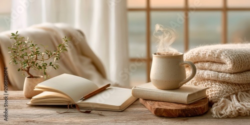 Steaming coffee mug on book beside open notebook, soft morning light