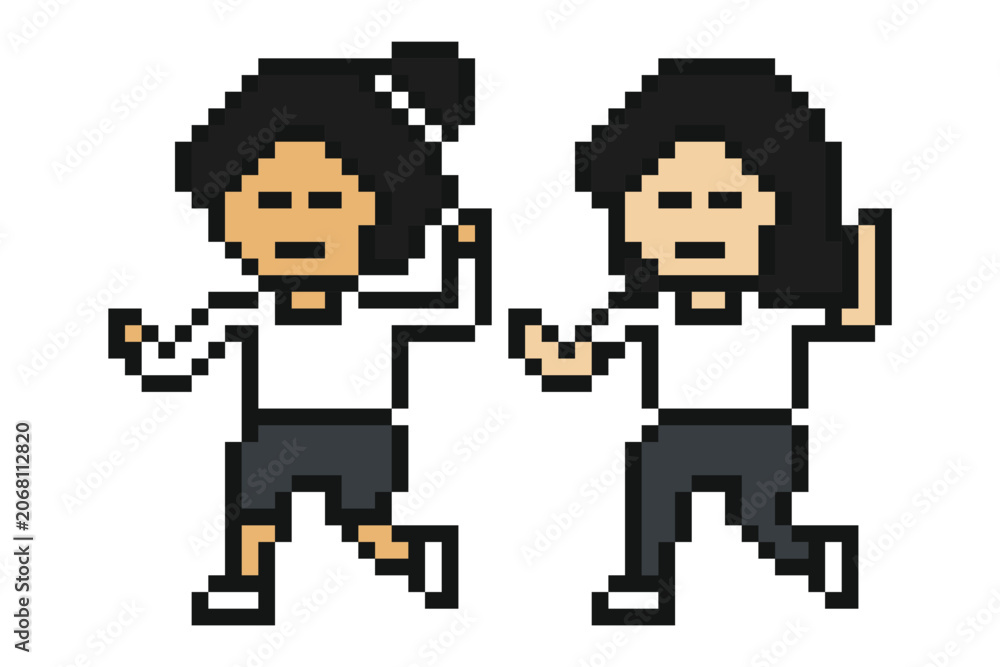 Obraz premium Cute pixel of woman girl marathon run or workout exercise jogging together with friend cartoon. 