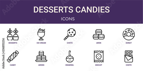 Set of 10 linear Desserts Candies icons for interface projects, presentations and web graphics. Outline symbol collection with ice cream cup, aron, candy, drawing. Illustration from desserts candies