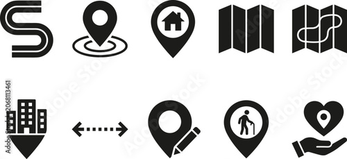 Photos Road map, location pointer, home address, building, distance, edit, old man, care place icon set