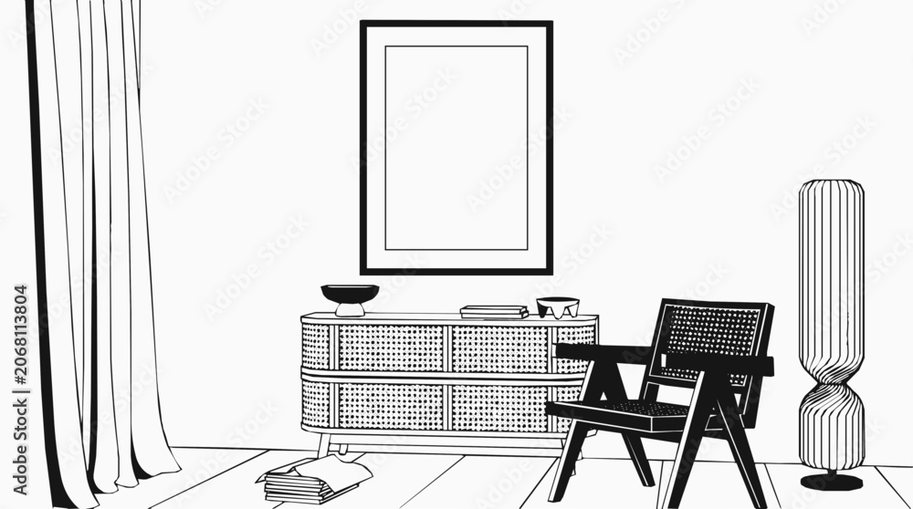 Fototapeta premium Interior mockup with a blank picture frame in a minimalist room featuring a rattan sideboard and wooden armchair in black and white line art style.