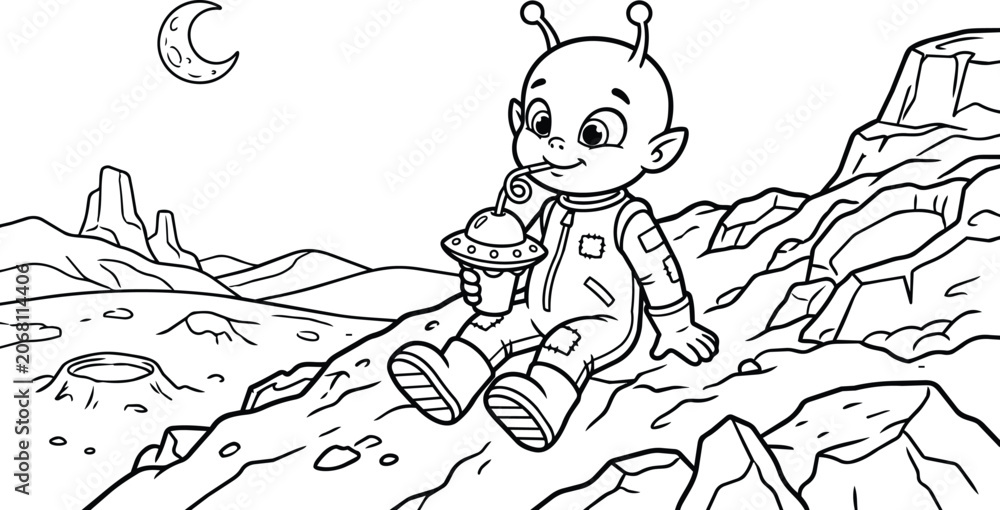 Obraz premium Cartoon alien child in space suit on a rocky lunar landscape sipping from a cup
