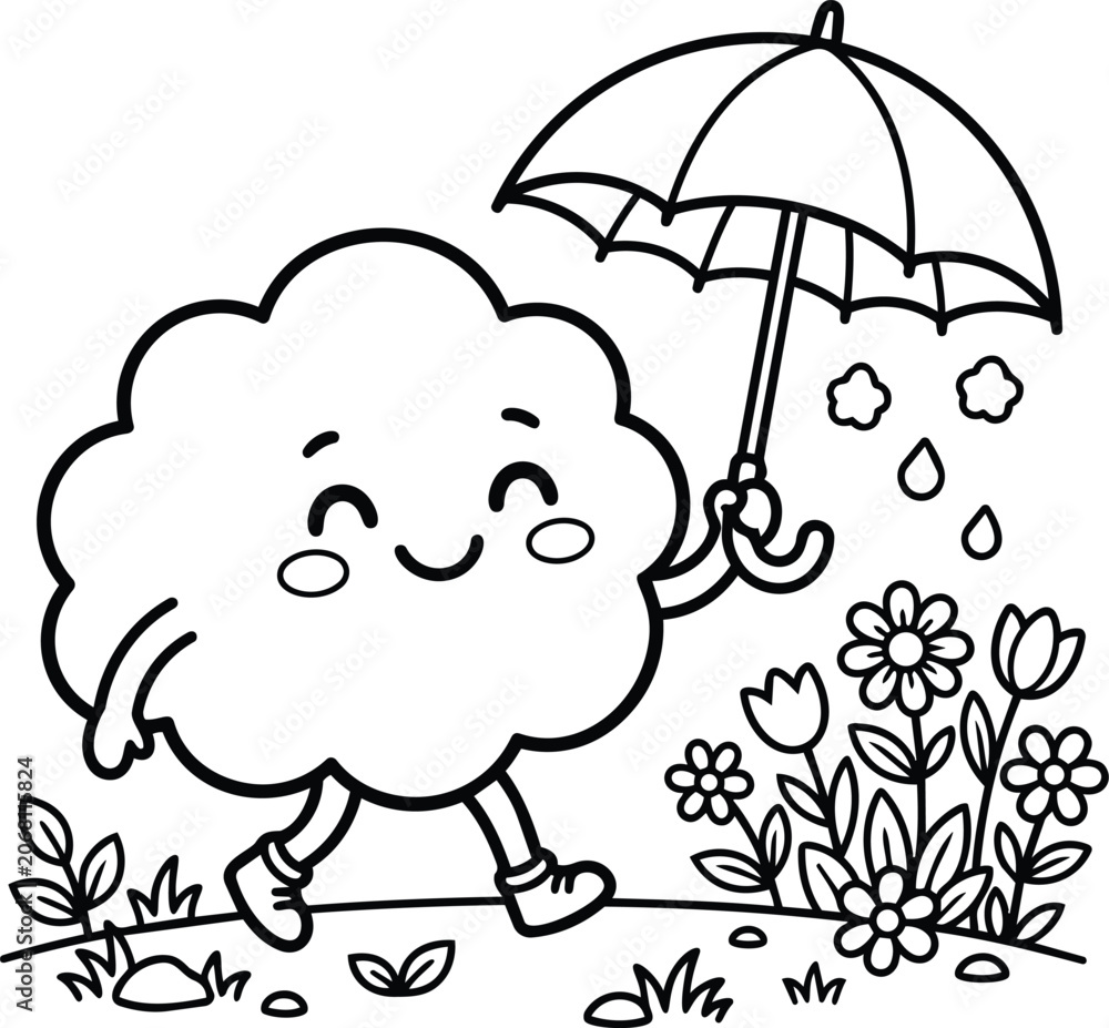 Obraz premium Cute cloud character holding umbrella in a cheerful garden scene during rain