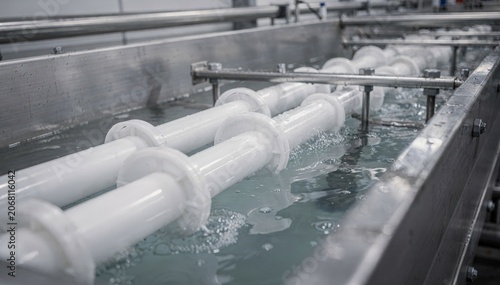 Medium shot of pipe calibration tank section with fresh pipes undergoing vacuum sizing highlighting precise shaping under controlled pressure in waterfilled tanks.