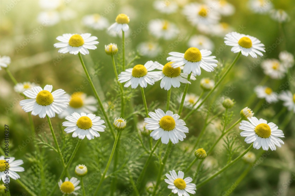 Fototapeta premium White daisies bloom with yellow centers in soft green field. Faint sunlight filters through gently blurred background. Flowers stand tall on slender stems, surrounded by feathery leaves