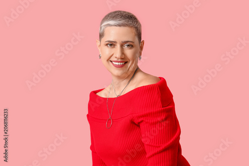 Happy mature blonde woman w...