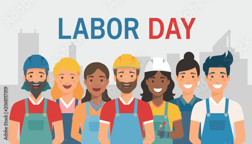 Cuadro en lienzo Diverse group of smiling workers in casual attire, celebrating Labor Day with a city skyline in the background