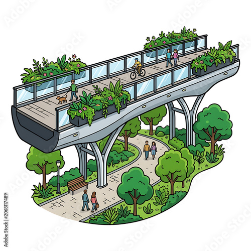 Vector illustration of a modern, sustainable bridge with a linear walkway featuring glass railings and integrated planter boxes with overflowing green plants in a park, isolated on a white background.