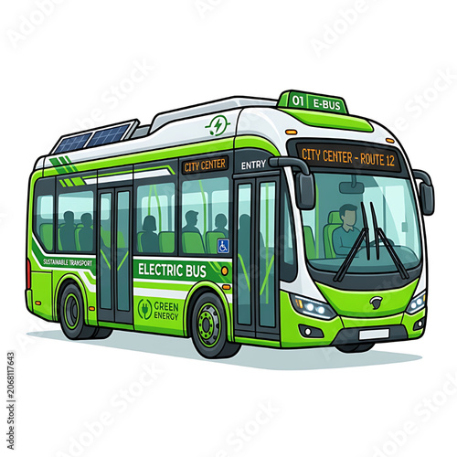 Electric bus for sustainable urban transport. Vector cartoon on white background.