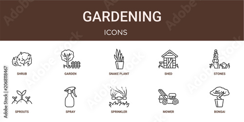 Foto Set of 10 outline web Gardening icons such as bonsai, mower, sprinkler, spray, s