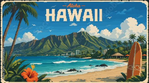 Photography Vintage Aloha Hawaii postcard featuring Diamond Head, a tropical beach with palm trees, a surfboard, and the ocean