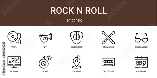Fotografie Set of 10 outline web Rock N Roll icons such as calendar, caste tape, location,