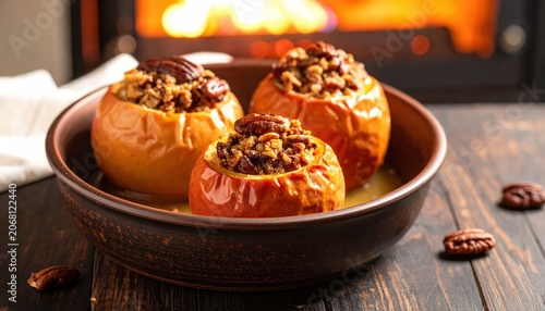 Warm Baked Apple Halves With Maple Glaze and Pecan Topping Served in a Rustic Bowl