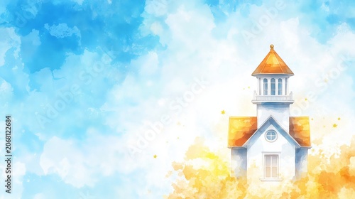 Watercolor lighthouse tower on blue sky and golden clouds background