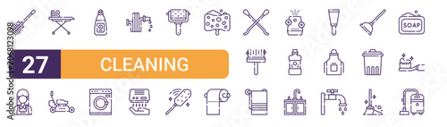 Photos Set of 27 thin stroke Cleaning icons for software, online tools and business layouts