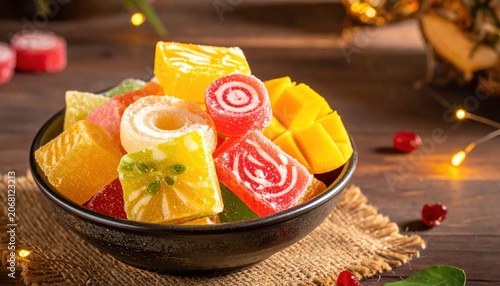 A Black Bowl Overflowing with Assorted Colorful Tropical Fruit Candies and Slices of Mango on a Burlap Surface