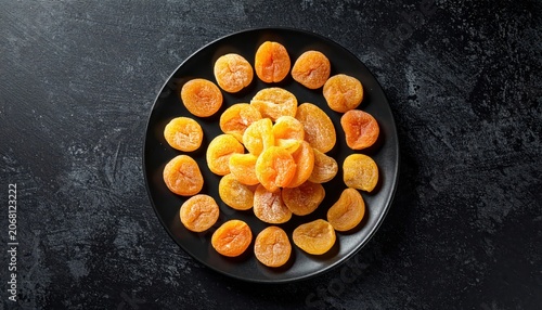 A bountiful arrangement of dried apricot halves displayed on a dark plate, showcasing a vibrant orange hue.