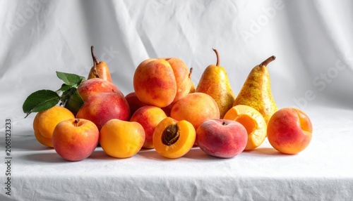 A bountiful arrangement of ripe peaches, apples, and pears, artfully presented for culinary delight.