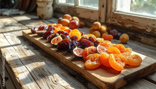 A bountiful arrangement of dried figs, dates, and apricots artfully displayed on a rustic wooden board