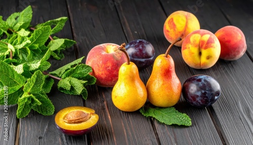 A bountiful arrangement of ripe pears, plums, and peaches with fresh mint leaves on a dark wooden surface, highlighting natural freshness and deliciousness.