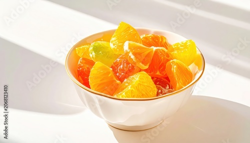 A bowl of glistening candied orange segments with a citrus glaze, artfully arranged in bright sunlight.
