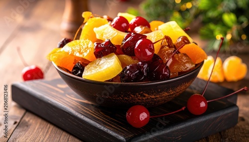 A Bowl of Mixed Candied Fruit Pieces Featuring Cherries, Pineapple, and Orange Slices