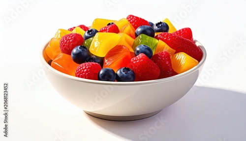 A bowl of vibrant, fruit-flavored jelly stars and fresh berries in a dazzling mix of colors, perfect for a delightful dessert or refreshing snack.