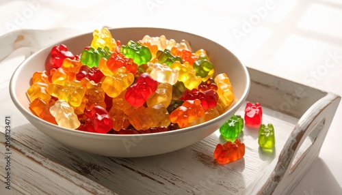 A Bowl Overflowing With Assorted Fruit Flavored Gummy Bears in Soft Morning Light