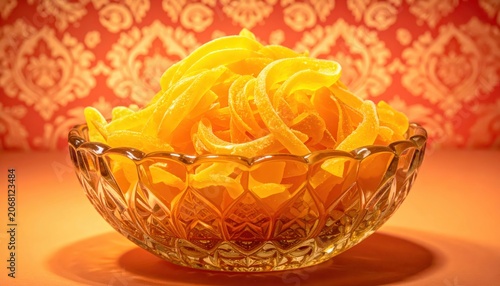 A Bowl Overflowing with Bright Yellow Candied Grapefruit Peel Strips, a Sweet Citrus Treat
