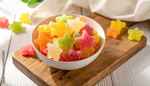 A Bowl Overflowing With Colorful Star-Shaped Gummy Candies Bathed in Soft Morning Light