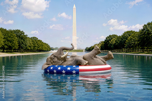 An elephant blissfully floating on an American patriotic flag inner tube in the serene waters of the National Mall reflecting pool