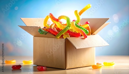 A cardboard box overflowing with vibrant gummy worms creating a chaotic yet appealing sweet display