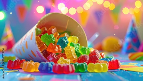 A cascade of colorful fruit-shaped gummies spilling from a festive paper cone, creating a vibrant and tempting sweet treat.