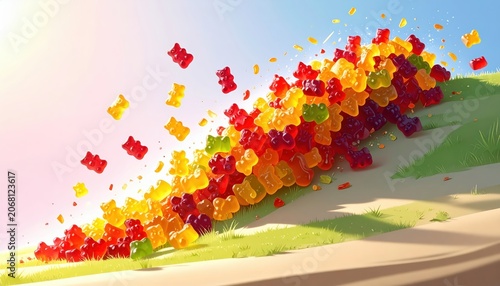 A Cascade of Colorful Gummy Bears Tumbling Down a Gentle Slope Against a Bright Sky