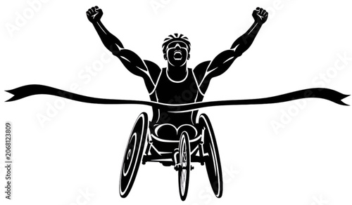 Paralympic athlete, wheelchair racing, finish line, black vector icon, sports symbol