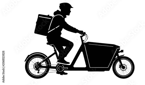 Food delivery cyclist, food courier, bicycle messenger, black silhouette