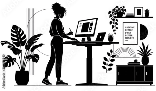 Standing desk, woman working, modern office, ergonomic workspace, black silhouette