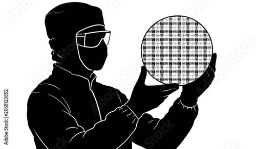 Silhouette of worker holding wafer, semiconductor manufacturing, industrial process, technology vector