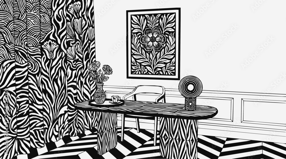 Fototapeta premium Modern Linocut Interior Illustration Featuring an Artistic Woodcut Pattern and Monochrome Home Office Decor with Floral Wall Art