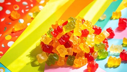 A playful jumble of colorful gummy bears scattered artfully on a bright background, showcasing a vibrant and sweet confectionery treat.