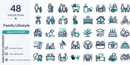 Family Lifestyle Icon Set – 48 Editable Stroke Vector Illustrations for Home and Parenting