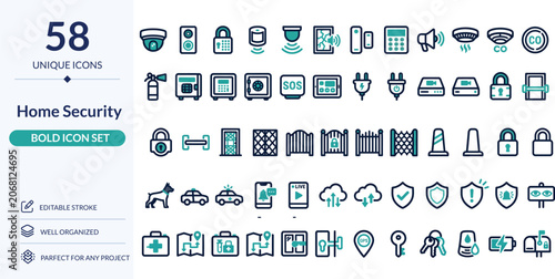 Home Security Icon Set – 58 Editable Stroke Vector Illustrations for Safety and Protection