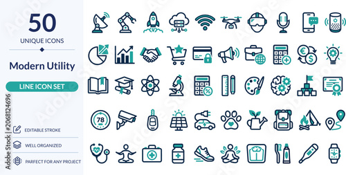 Modern Utility Icon Set – 50 Editable Stroke Vector Illustrations