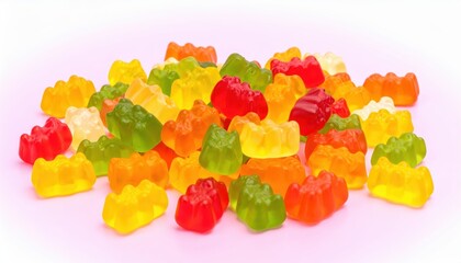 A vibrant assortment of colorful gummy bears scattered across a soft pastel pink background, creating a delightful sweet treat display.