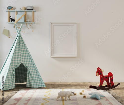 Childrens playroom with gingham teepee and rocking horse