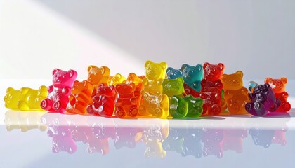 A vibrant collection of assorted rainbow colored gummy bears arranged in a cheerful display on a reflective surface.