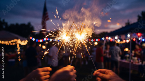 People Hold Bright Sparklers During a Lively Outdoor Evening Celebration with Festive Lights