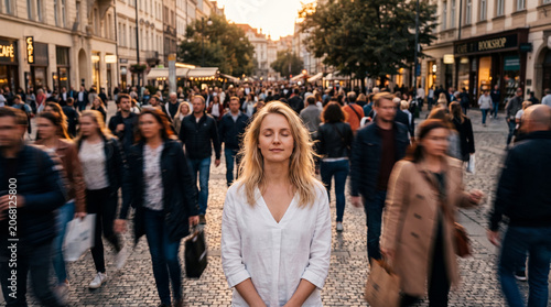 Calm Woman Meditate Among Crowd of Blurry People in Bustling European City at Sunset