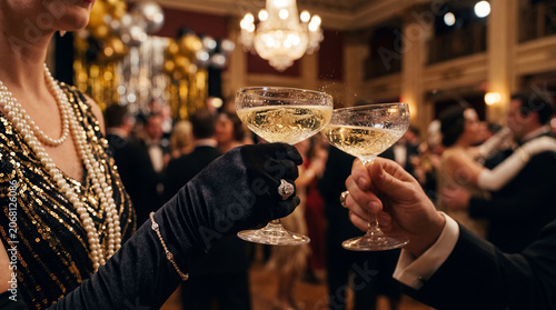 Elegant pair make a festive toast with champagne at a luxurious formal celebration